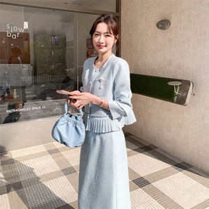 现货-2026年春季法式优雅压褶拼接两件套套裙女温柔风气质穿搭，女装套装/套裙，霓裳依族
