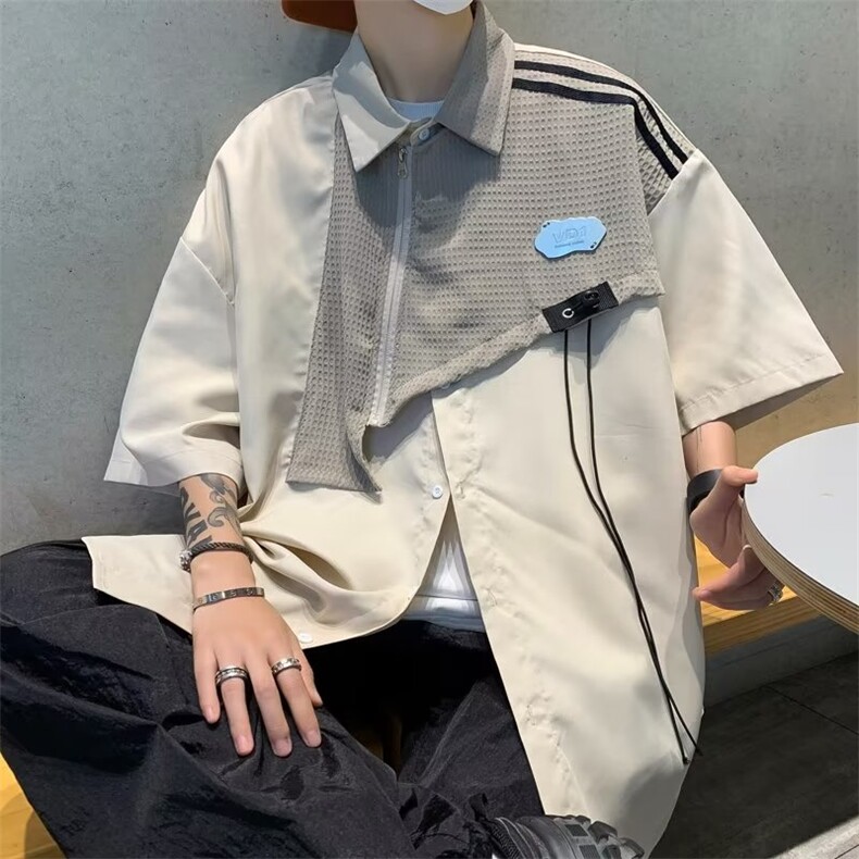 美式复古短袖衬衫男夏季设计感小众拼接衬衣宽松休闲外套HC10-P43,男装T恤,星座1008-2