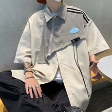 美式复古短袖衬衫男夏季设计感小众拼接衬衣宽松休闲外套HC10-P43，男装T恤，星座1008-2