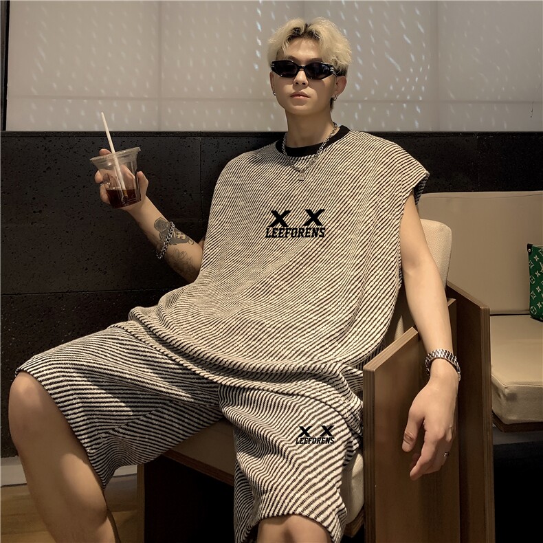 背心短裤套装男夏季痞帅时尚休闲篮球服条纹一套搭配潮牌特P55,男装背心/马甲,电商C307