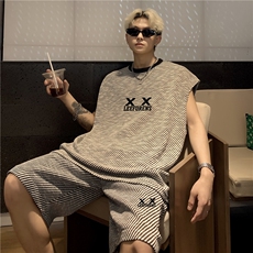背心短裤套装男夏季痞帅时尚休闲篮球服条纹一套搭配潮牌特P55，男装背心/马甲，电商C307