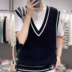 女秋季修身显瘦黑边坎肩针织马甲百搭V领无袖毛衣背心简约大气，女装马甲，悦玛羊绒