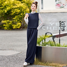 休闲时尚套装2025春季减龄一整套韩系穿搭小香风超火阔腿裤三件套，女装套装/套裙，魅影