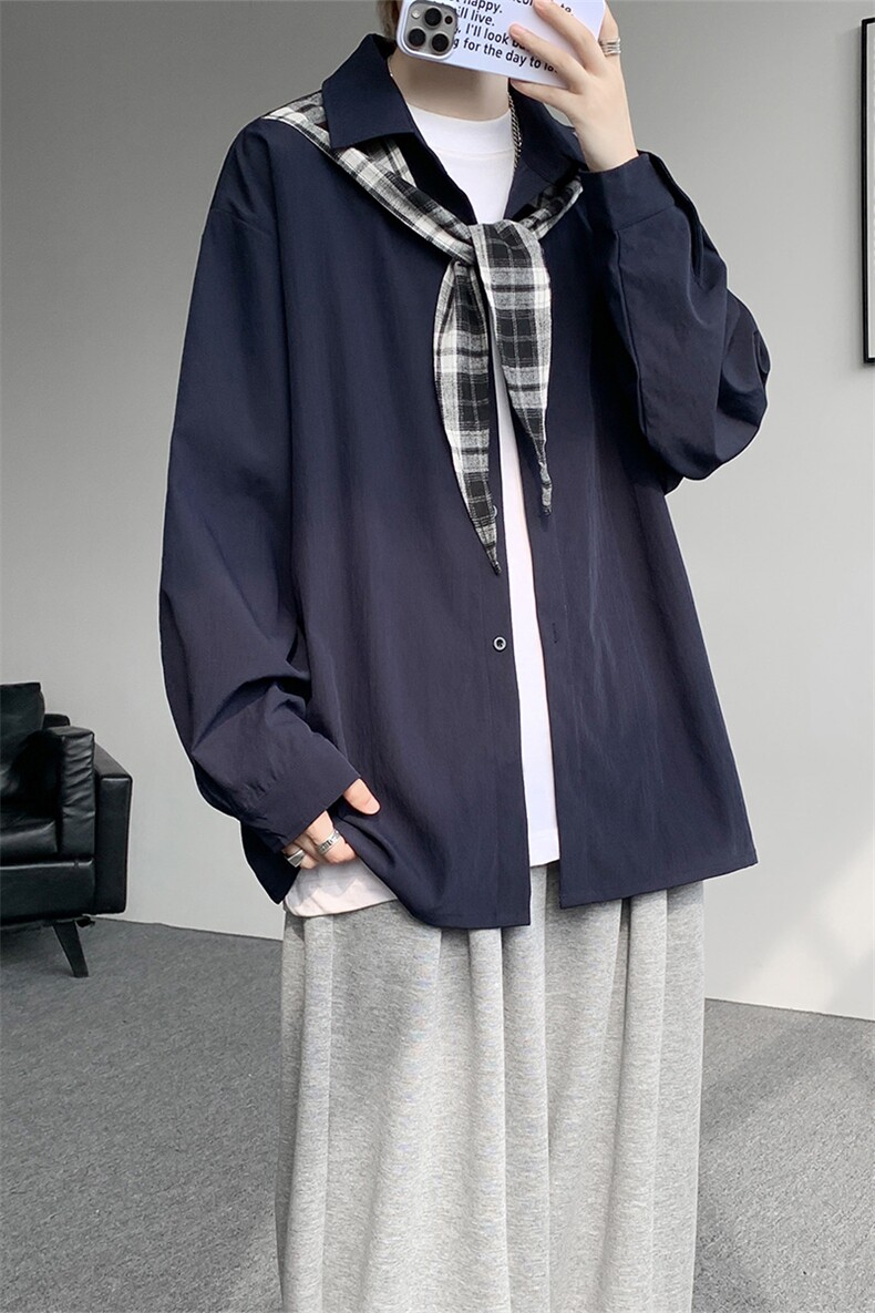 CS1156-特P38控68领巾小众设计感宽松大码衬衫男长袖衬衫外套,男装衬衫,电商A059