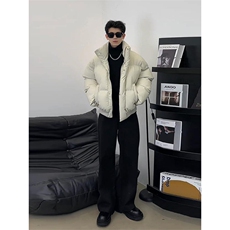 现货5W件冬季三防重磅硬挺boxy短款羽绒立领PU皮棉衣外套加厚棉服，男装棉衣，电商A486-1