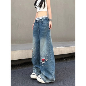 网图有货 美式高街复古休闲贴布刺绣直筒宽松牛仔裤男女 A842-P52图片
