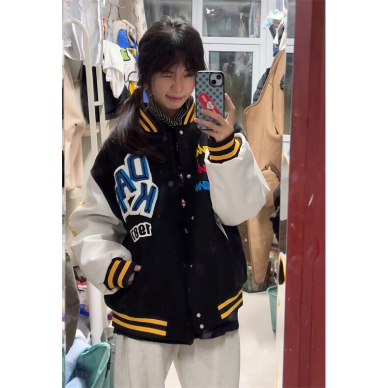 美式复古黑色刺绣棒球服外套男秋冬新款潮牌宽松PU皮拼接翻领夹克,男装夹克,星座601-1