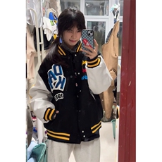 美式复古黑色刺绣棒球服外套男秋冬新款潮牌宽松PU皮拼接翻领夹克，男装夹克，星座601-1