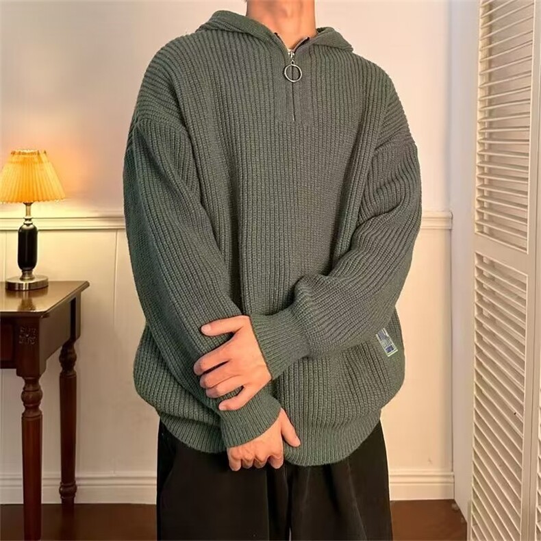 半拉链polo毛衣男日系复古oversize慵懒vintage连帽针织衫Y55-p53图片