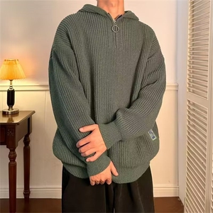 半拉链polo毛衣男日系复古oversize慵懒vintage连帽针织衫Y55-p53图片