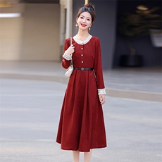 订婚红色长袖连衣裙女2025春秋新款法式复古气质收腰显瘦打底长裙，女装连衣裙，蓝诺裳