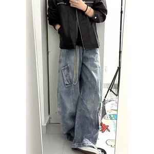 微喇牛仔裤男款水洗做旧高街直筒vibe风美潮阔腿裤子 N863图片