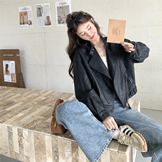 黑色皮衣外套女春秋设计感网红韩系机车服pu皮夹克酷飒，女装皮衣，2C176