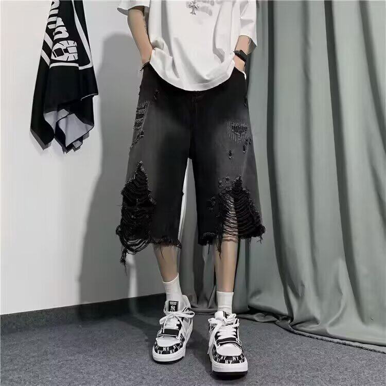 601-P36美式水洗做旧牛仔短裤男女高街复古割破阔腿百搭宽松,男装牛仔裤,电商B323A