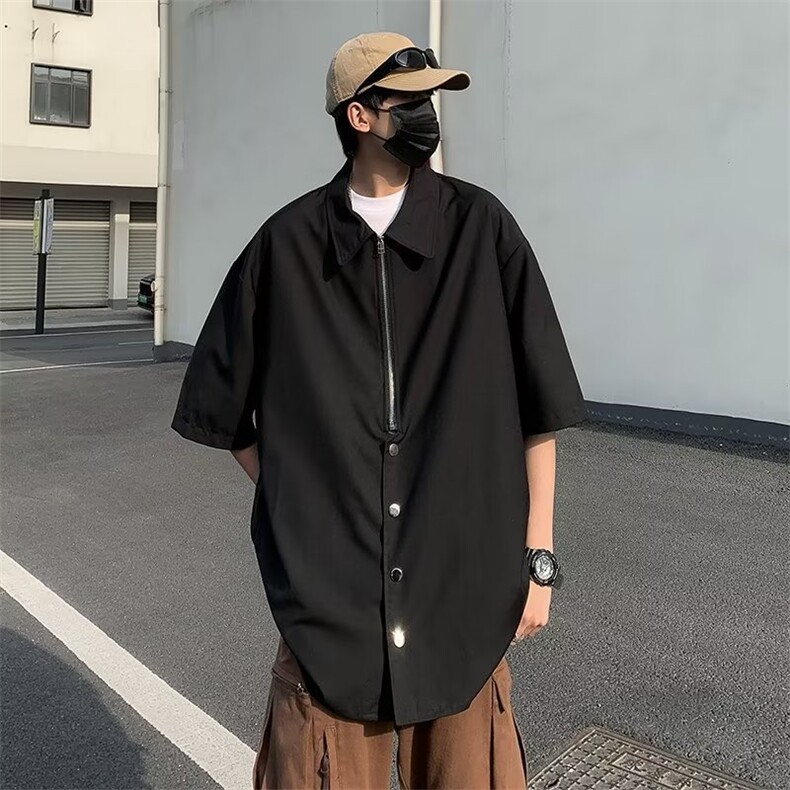 美式双拉链衬衫设计感高级男女情侣装短袖潮日系翻领半袖~S8003,男装衬衫,星座601-2