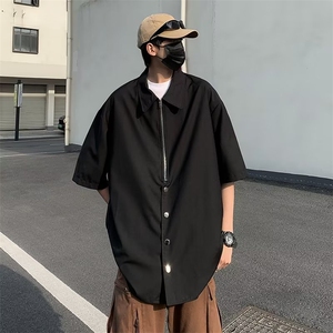 美式双拉链衬衫设计感高级男女情侣装短袖潮日系翻领半袖~S8003图片