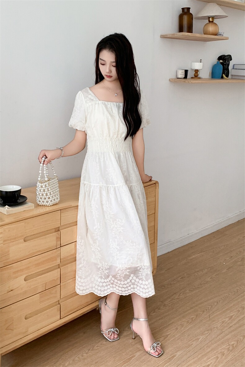 温柔风超好看法式泡泡袖长裙女夏季新款小个子蕾丝刺绣印花连衣裙,商品下架区,网红馆