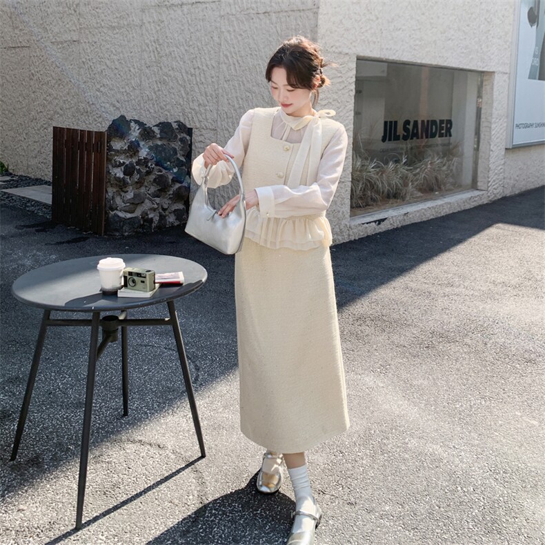 -2026年春季新款法式千金感蕾丝裙摆马甲半身裙三件套,女装套装/套裙,1D102-1