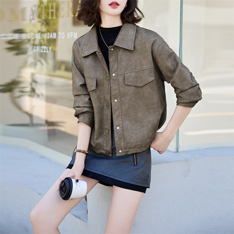 短外套女2024早秋新款翻领简约质感百搭PU仿皮外套，女装皮衣，美拉德工厂直营店