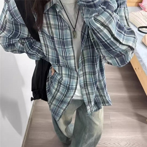 美式磨毛格子衬衫男春夏季潮牌宽松休闲cleanfit学生长袖衬衣外套图片