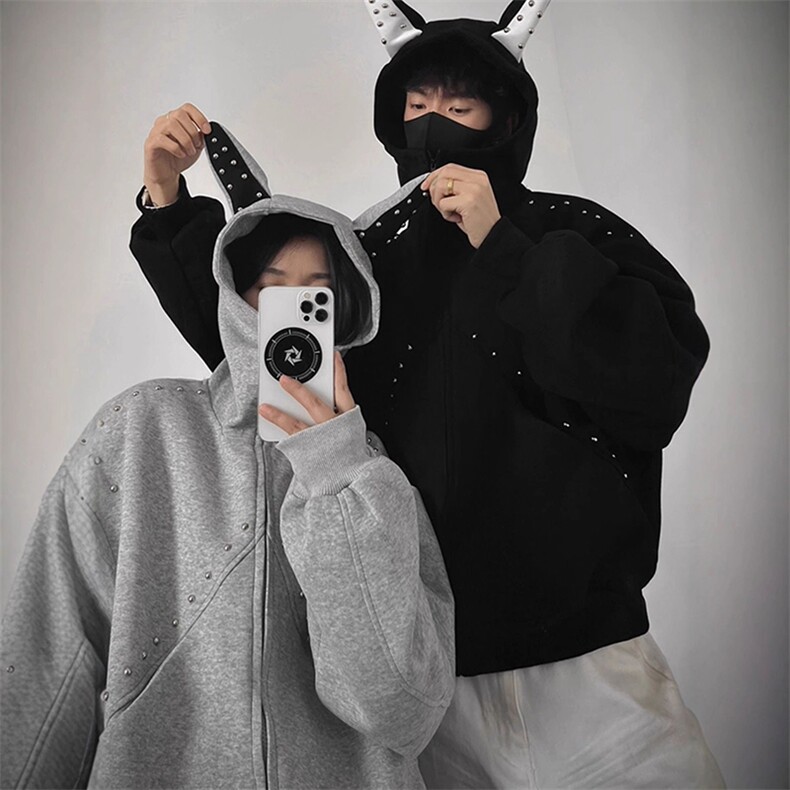抖音得物高品质26春装美式高街铆钉杜宾犬耳朵开衫卫衣外套W125，女装短外套，电商A486