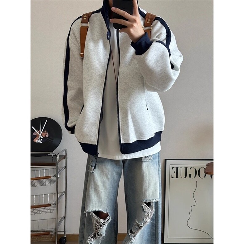 立领撞色运动卫衣外套男秋冬cleanfit美式情侣装开衫LWY099-P45,女装短外套,星座1008