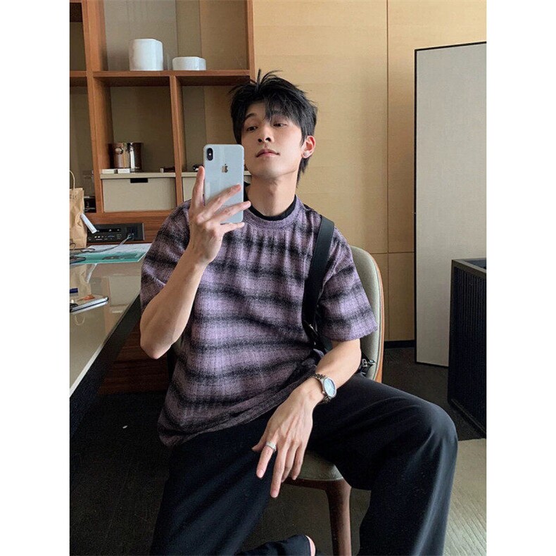 网红撞色领口设计宽松彩色条纹格子短袖T恤杉PL110/P45，男装T恤，电商A243