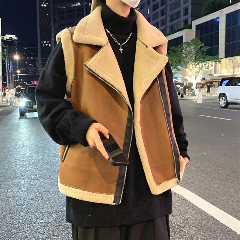f翻领日系坎肩皮衣马甲加绒加厚男女冬季宽松休闲外套D011-P88,男装皮衣,星座717