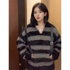 秋冬季设计感黑白条纹软糯厚实慵懒针织开衫毛毛衣外套女，男装针织衫/毛衣，星座1210-1