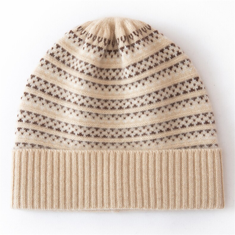 2025年春季新款百搭女士提花双股加厚保暖翻边帽，帽子，戎咖羊绒