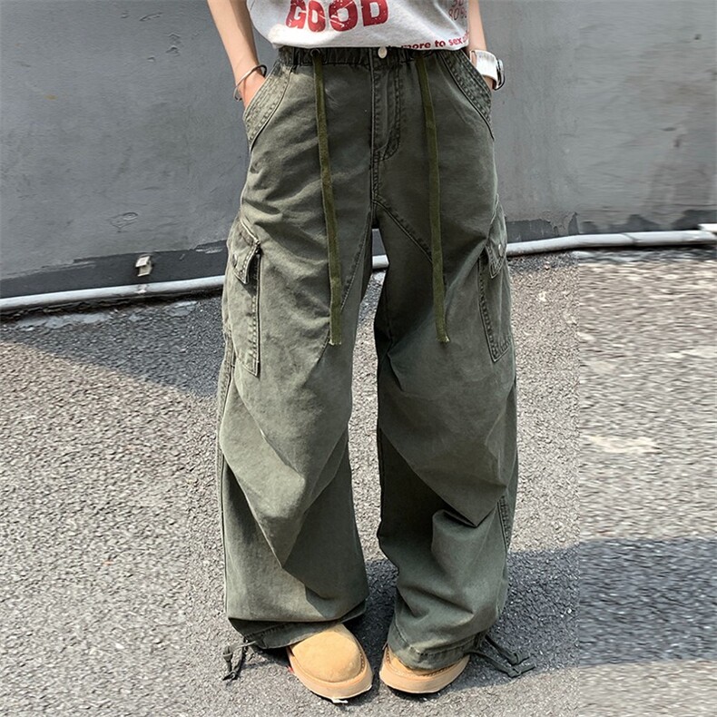 美式复古水洗做旧多口袋工装裤女阔腿宽松直筒百搭长款,女装休闲裤,星座1210-1