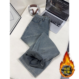 B221 美式ins高街暗黑宽松直筒加绒牛仔裤LK25599-特P48控88图片