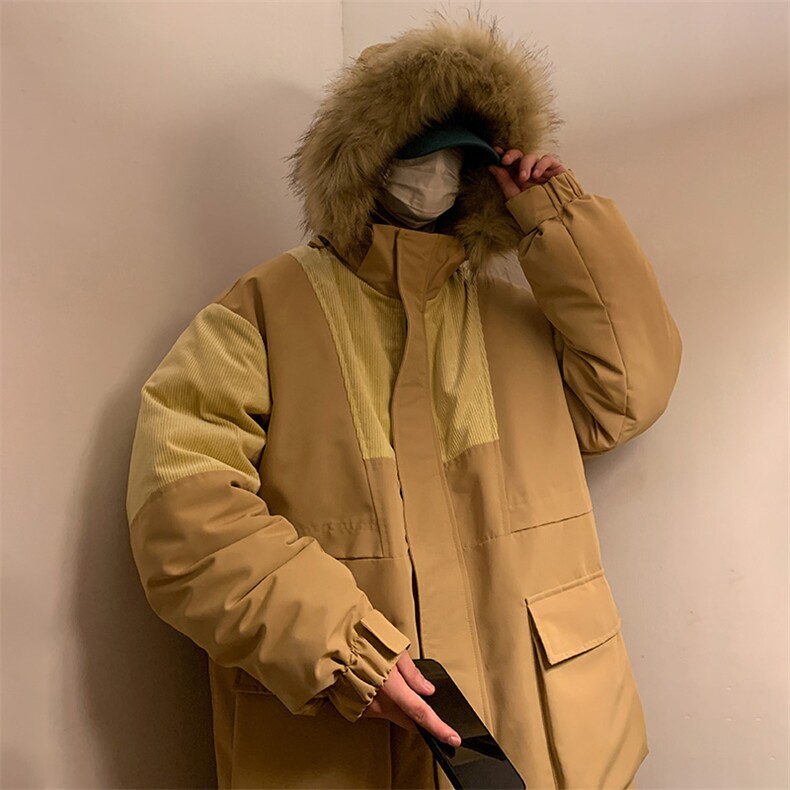 港风2026新品冬季宽松撞色棉服派克服毛领冬装加厚外套D009-P145,男装棉衣,星座717