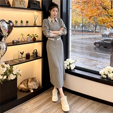 高端轻奢撞色拼接衬衫领卫衣套装女秋季新款时尚休闲半身裙两件套，女装套装/套裙，江南