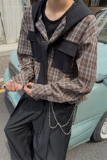 春夏新品原创小众设计感连帽系带长袖衬衫男士拼接格纹长袖衬衣潮，男装衬衫，电商B319