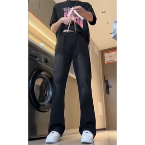 美式高街微喇叭牛仔裤宽松复古水洗百搭松紧腰橡筋裤KJ22501 P50图片
