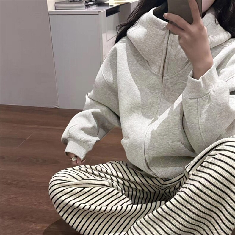 抖音得物高品质26春装美式高街重磅宽松结构高领连帽卫衣外套W60,女装短外套,电商A486-1