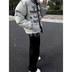 美式复古假两件撞色棉衣开衫外衣男女hiphop嘻哈宽松情侣棉服外套图片