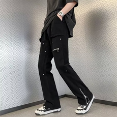工装机能口袋拉链牛仔裤高街小众设计感微喇叭潮牌裤子N08849-P80，男装牛仔裤，星座308B-2