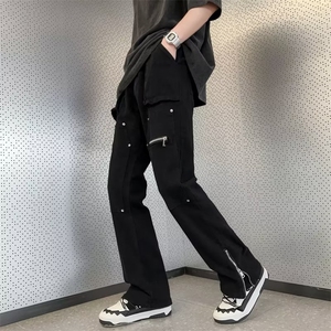 工装机能口袋拉链牛仔裤高街小众设计感微喇叭潮牌裤子N08849-P80图片