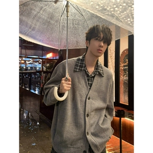 韩系假两件新款潮流拼接衬衫外套男女春秋日系开衫针织懒惰风毛衣图片