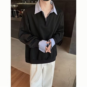 现货撞色条纹衬衫拼接卫衣男翻领长袖假两件外套 WY6624-P48图片
