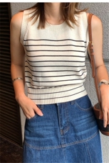 2024年夏季时尚无袖百搭圆领套头条纹短款背心，女装背心吊带，佳弈羊绒
