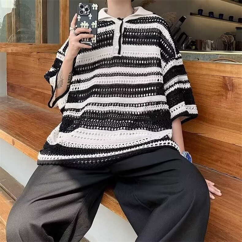 彩色拼接条纹短袖男镂空设计美式复古polo衫潮1001-1-ML300-P40,男装Polo衫,星座1001-1