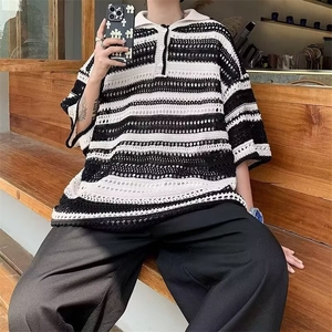 彩色拼接条纹短袖男镂空设计美式复古polo衫潮1001-1-ML300-P40图片