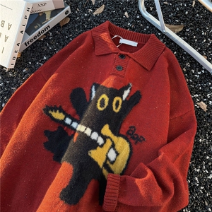 W621-P60 猫咪提花polo领毛衣秋冬季宽松休闲软糯慵懒针织衫潮流图片