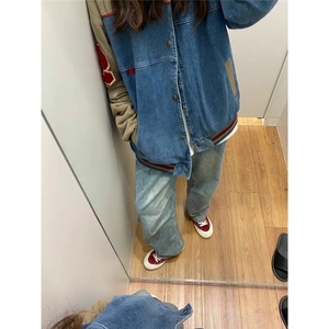 美式复古牛仔外套男女美秋冬新款拼接百搭情侣棒球服LJK8527-P73图片