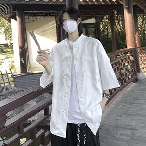 F258-P45 2024夏季美式潮牌短袖衬衣新中式风盘扣衬衫男 现货图片