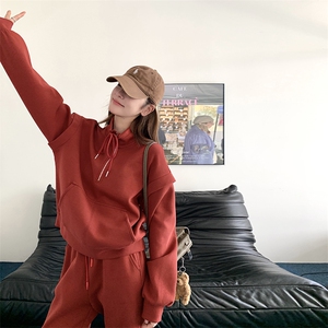 韩系慵懒chic红色休闲运动套装女2025春秋新款卫衣阔腿长裤两件套图片