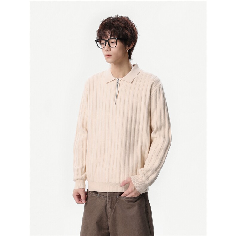 1303B-MY812-P5888老钱风半拉链针织polo衫男女翻领坑条毛衣,男装针织衫/毛衣,星座1303B